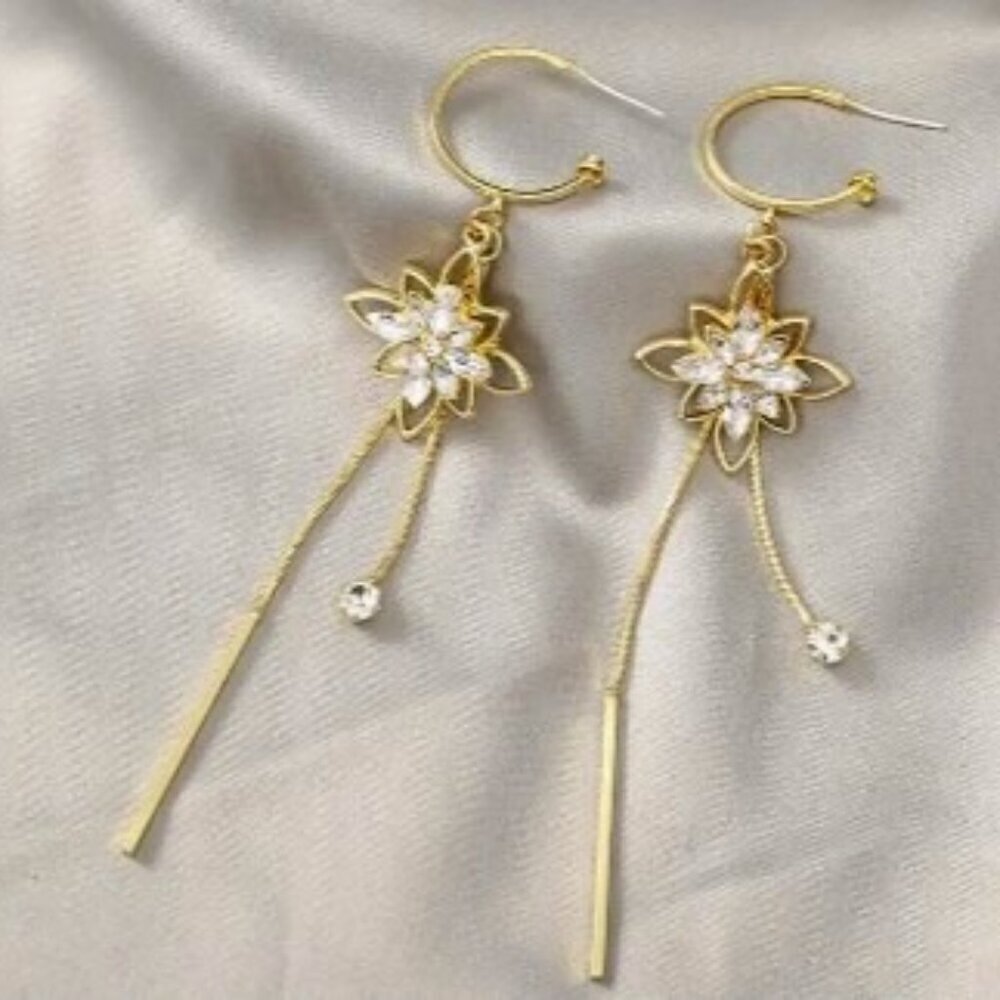 Dazzling Floral Zircon Long Drop Earrings Hypoallergenic with Secure Clasp